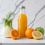 Glass bottle of fresh fennel, orange and apple juice on white marble, with a fennel bulb, two oranges, a green apple and a lemon beside it