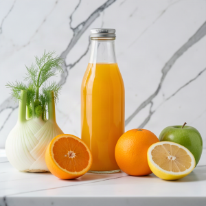 Glass bottle of fresh fennel, orange and apple juice on white marble, with a fennel bulb, two oranges, a green apple and a lemon beside it