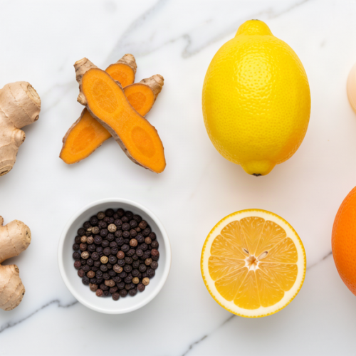 Fresh ginger, turmeric, lemons, orange and black peppercorns for a homemade wellness shot on white marble