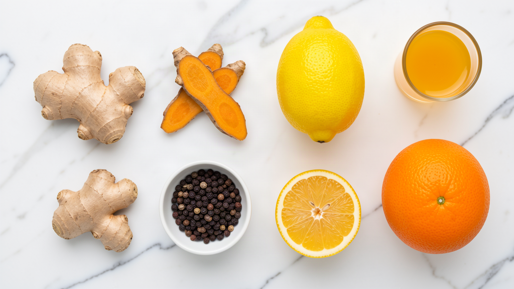 Fresh ginger, turmeric, lemons, orange and black peppercorns for a homemade wellness shot on white marble