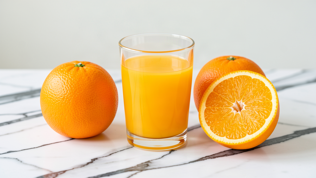 A small glass of fresh orange juice beside two whole oranges and a cut orange half on a white marble surface