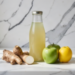 Sealed glass bottle of pale golden Jerusalem artichoke, apple and lemon juice on a white marble surface, with knobbly sunchoke tubers, two green apples and a lemon beside it