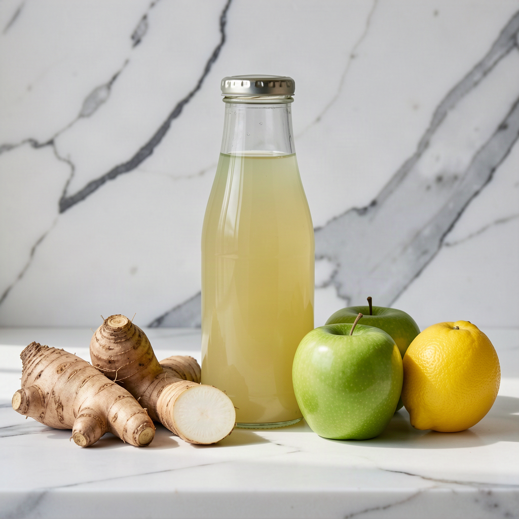Sealed glass bottle of pale golden Jerusalem artichoke, apple and lemon juice on a white marble surface, with knobbly sunchoke tubers, two green apples and a lemon beside it
