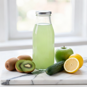 Kiwi juice for sleep in a sealed glass bottle, with three kiwifruit, a cucumber, a green apple and half a lemon on a marble surface
