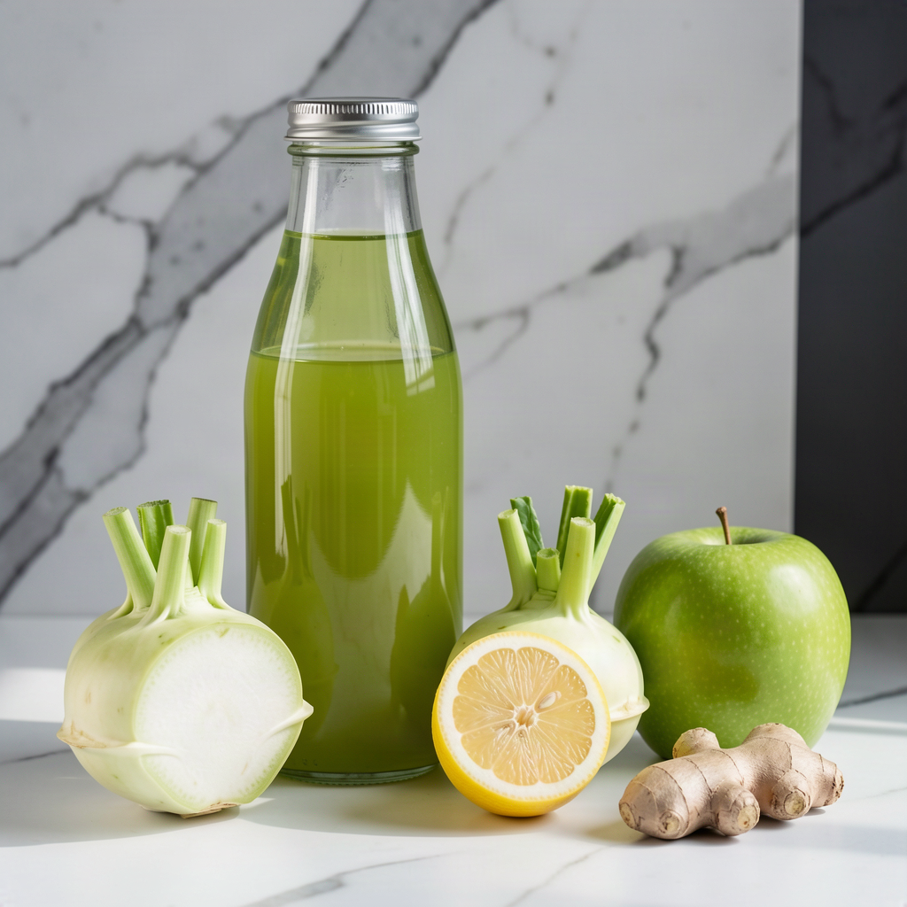 Freshly pressed kohlrabi, apple and lemon juice in a sealed glass bottle on a marble surface, beside two whole kohlrabi bulbs, a green apple, half a lemon and a piece of fresh ginger