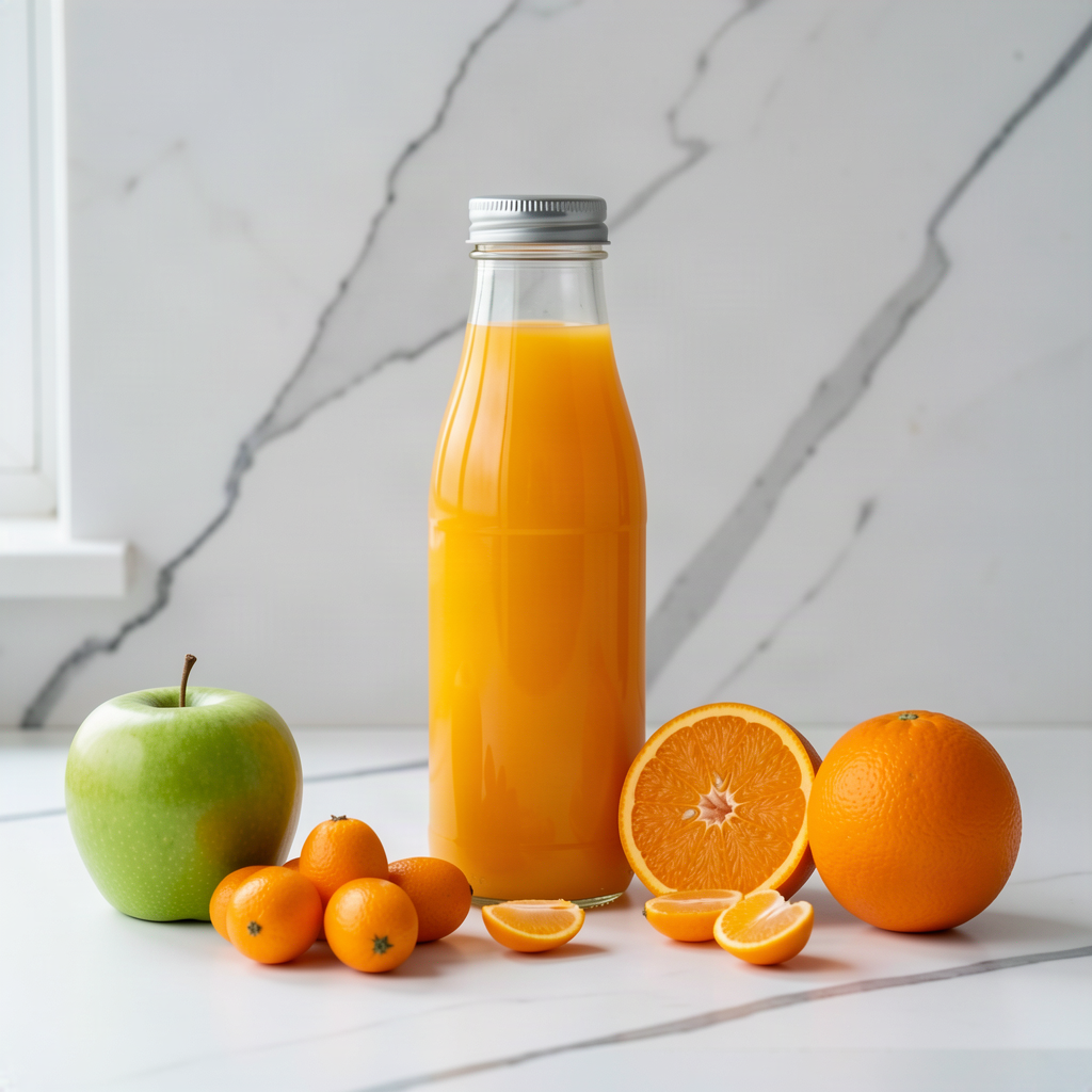 Kumquat, apple and orange juice in a sealed glass bottle on a white marble counter, with a cluster of whole and halved kumquats, a green apple and a whole and halved orange beside it