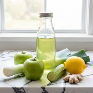 A sealed glass bottle of clear green leek, apple and cucumber juice on a white marble surface, with a fresh leek, two green apples, a cucumber, a lemon and fresh ginger beside it