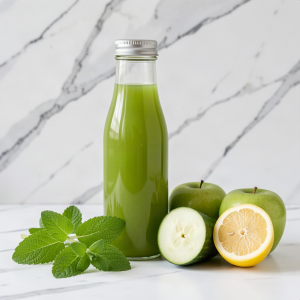A sealed bottle of fresh green lemon balm, apple and cucumber juice with lemon balm leaves, green apples, cucumber and a lemon on a marble surface