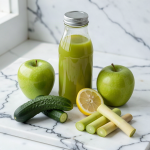 A sealed glass bottle of fresh green lemongrass, apple and cucumber juice on a white marble slab, with lemongrass batons, two green apples, a cucumber and half a lemon beside it