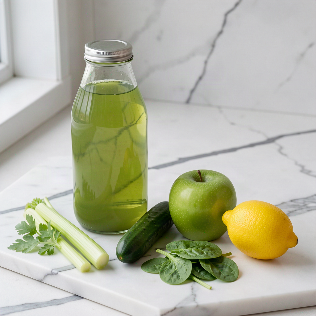 Clear green vegetable juice in a sealed glass bottle beside celery, cucumber, spinach, a green apple and a lemon on a marble slab