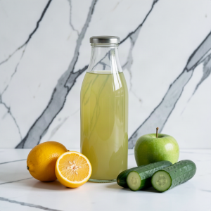 Meyer lemon, apple and cucumber juice in a sealed clear glass bottle with two Meyer lemons, a green apple and two cucumbers on white marble