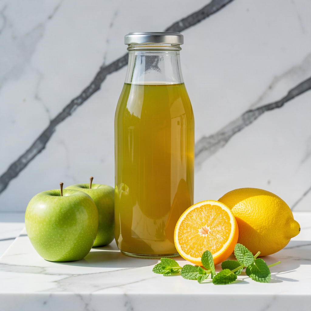 Freshly pressed mint, apple and orange juice in a sealed glass bottle on a marble surface, with green apples, an orange half and fresh mint sprigs beside it