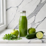 Sealed glass bottle of clear green moringa, apple and cucumber juice on white marble, with fresh moringa leaflets, two green apples, a cucumber and a halved lime beside it