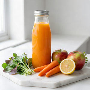 A sealed glass bottle of freshly pressed mustard greens, apple and carrot juice on a white marble surface, with a bunch of fresh mustard greens, two apples, three carrots and half a lemon beside it