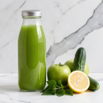Nettle, apple and cucumber juice in a sealed glass bottle with fresh stinging nettle tops, green apples, cucumber and a lemon half beside it