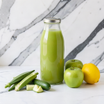 Okra, cucumber and apple juice in a sealed glass bottle on a marble surface, with fresh okra pods, cucumber, green apples and a lemon beside it