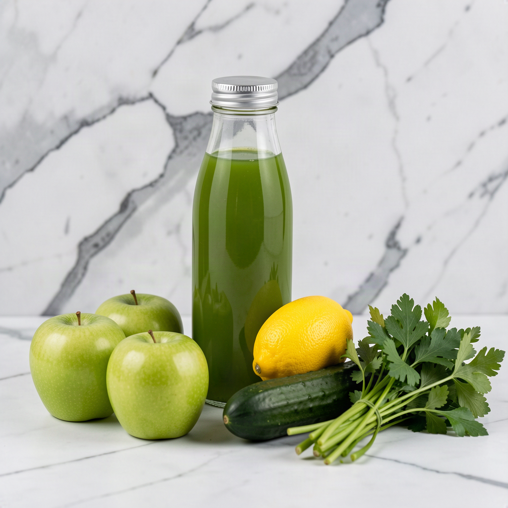 Fresh green parsley, apple and cucumber juice in a sealed glass bottle with green apples, a lemon, a cucumber and a bunch of flat-leaf parsley on a marble surface
