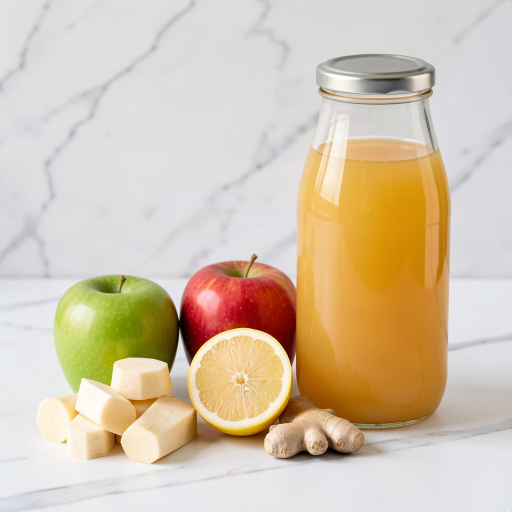 Parsnip, apple and ginger juice in a sealed glass bottle with fresh parsnips, apples, lemon and ginger on a white marble surface