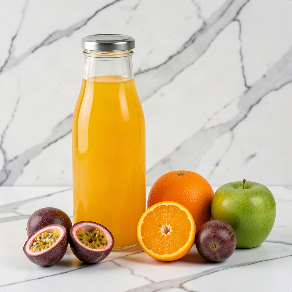 Fresh passion fruit, orange and apple juice in a sealed glass bottle, with whole and halved passion fruit, oranges and a green apple on a marble surface