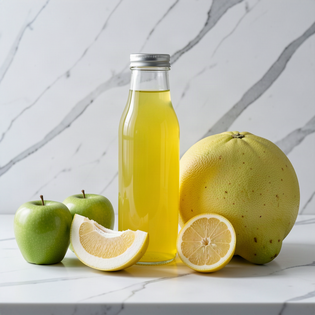Pomelo, apple and lemon juice in a sealed glass bottle on a white marble counter, with a whole pomelo, a cut wedge of pomelo showing its thick white pith, two green apples and lemon halves beside it