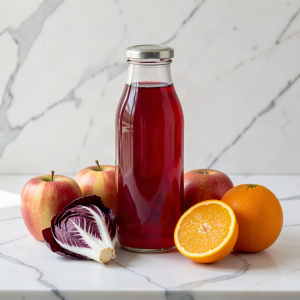 Radicchio juice with apple and orange in a sealed glass bottle beside a head of radicchio, two apples and a halved orange on white marble
