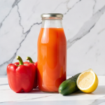 Red pepper, cucumber and lemon juice in a sealed glass bottle with two red bell peppers, a cucumber and a lemon on a marble surface