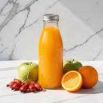 A sealed glass bottle of fresh rosehip, apple and orange juice on a white marble surface, with a cluster of wild rosehips, two green apples and halved oranges arranged beside it
