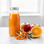 Sealed glass bottle of freshly pressed sea buckthorn, apple and orange juice beside fresh sea buckthorn berries on the branch, two apples and a halved orange on a marble worktop