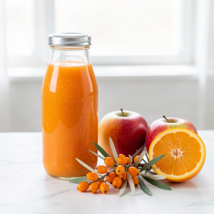Sealed glass bottle of freshly pressed sea buckthorn, apple and orange juice beside fresh sea buckthorn berries on the branch, two apples and a halved orange on a marble worktop