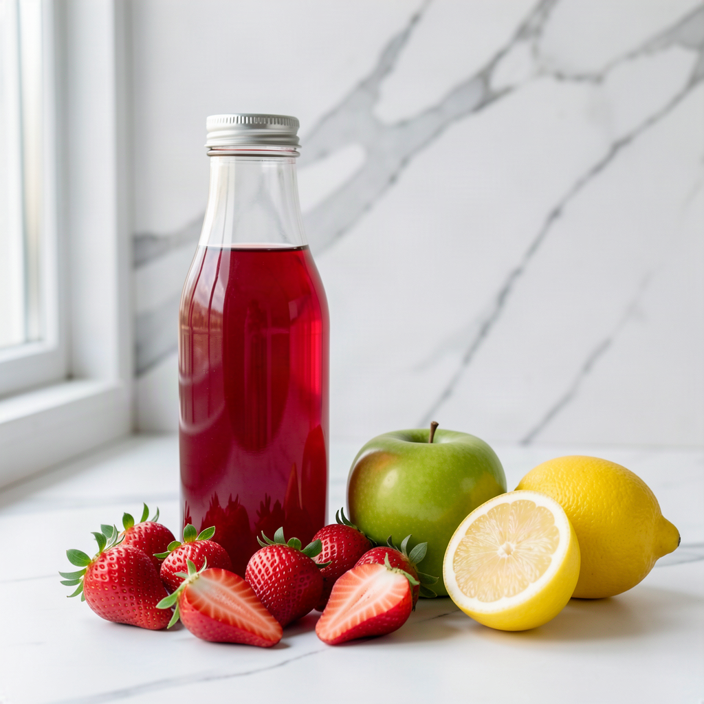 Freshly pressed strawberry, apple and lemon juice in a sealed glass bottle, with fresh strawberries, a green apple and a lemon on a white marble surface