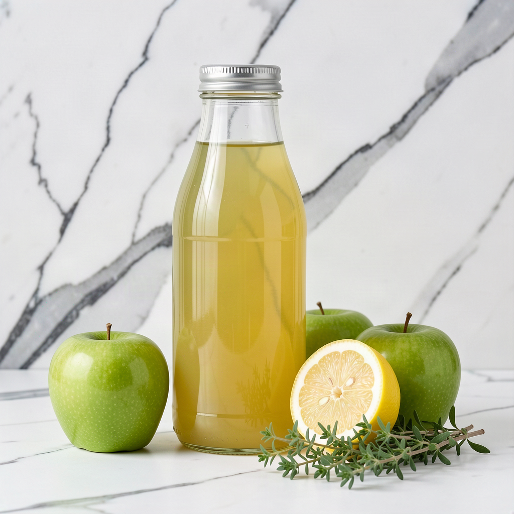 Thyme, apple and lemon juice in a sealed glass bottle, with two fresh green apples, an unwaxed lemon and sprigs of fresh thyme on a white marble surface