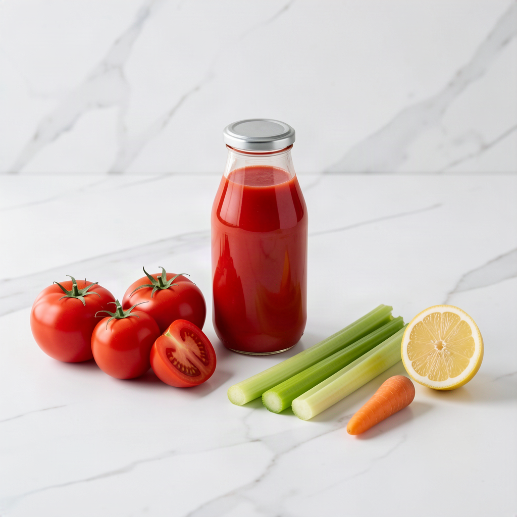 Sealed glass bottle of fresh red tomato juice on a white marble counter, with three ripe tomatoes and one tomato half, two pale green celery sticks, a small carrot and half a lemon beside it