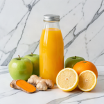 Freshly pressed turmeric, orange and apple juice in a sealed glass bottle beside fresh turmeric root, ginger, green apples, oranges and a lemon half on white marble