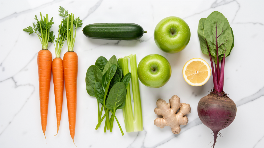 Fresh vegetables for juicing on a marble surface: carrots, cucumber, celery, spinach, green apples, beetroot, lemon and ginger