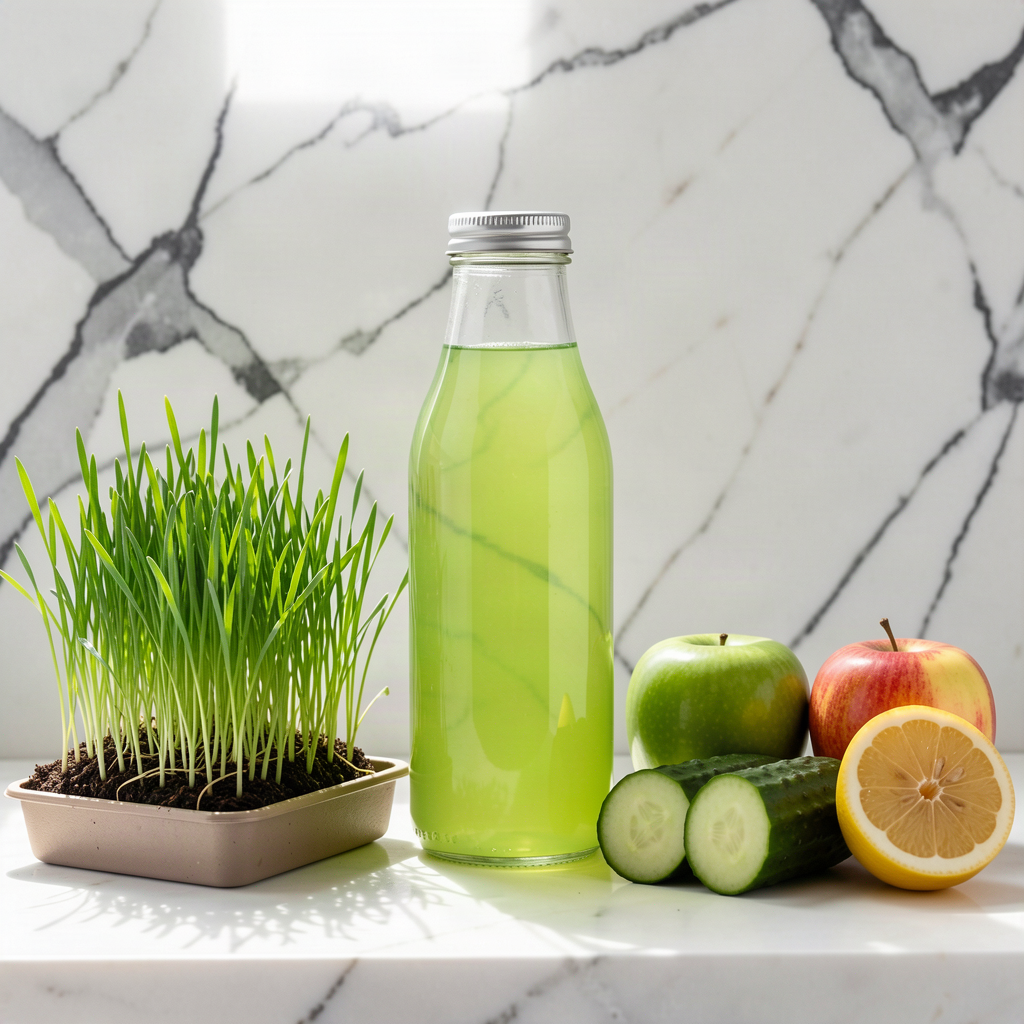 Bottle of fresh wheatgrass, apple and cucumber juice beside a tray of growing wheatgrass with two apples, cucumber and half a lemon on a marble surface